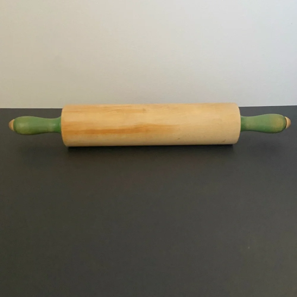 Vintage Munising Wooden Rolling Pin with Green Handles